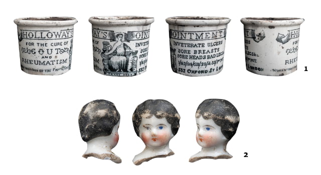 Vasija cerámica de ungüento medicinal y cabeza de muñeca Frozen Charlotte
